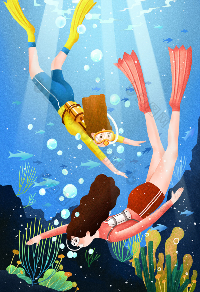 蓝色扁平深海潜水女孩鱼群世界海洋日插画