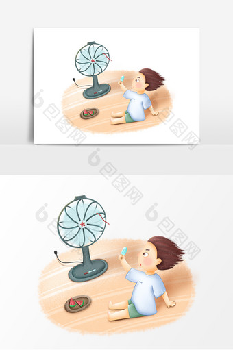手绘卡通夏至二十四节气夏天电风扇孩子素材图片