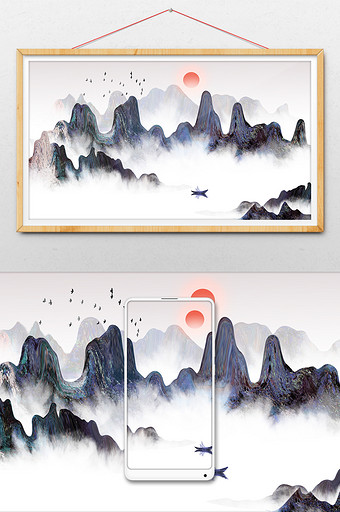 新中式水墨山水风景插画素材图片