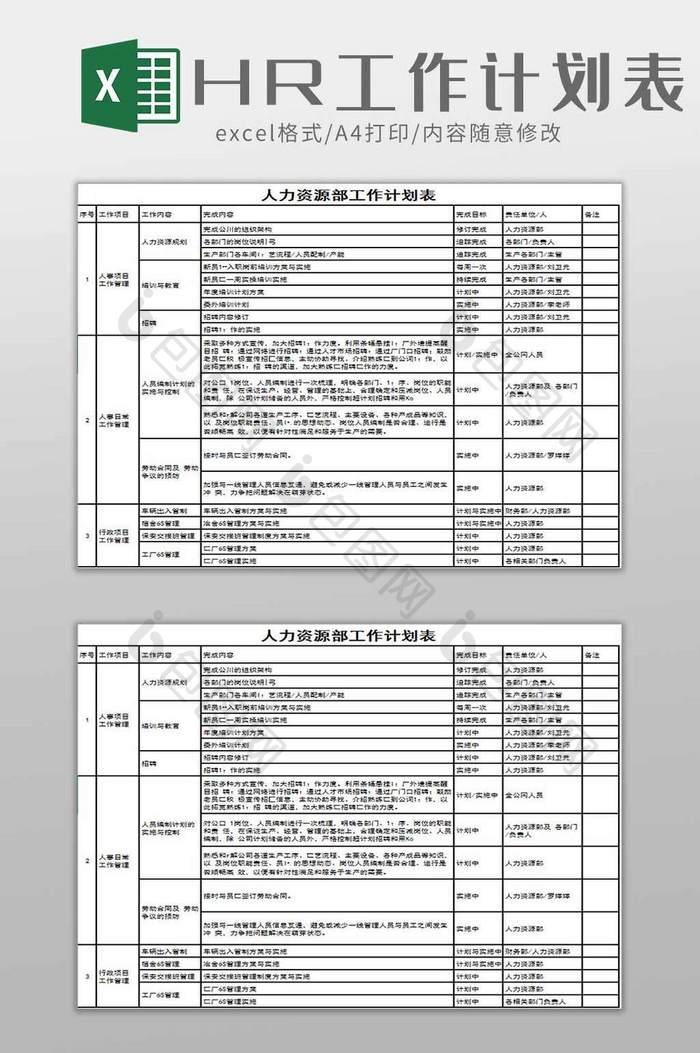 人事工作计划表excel模板