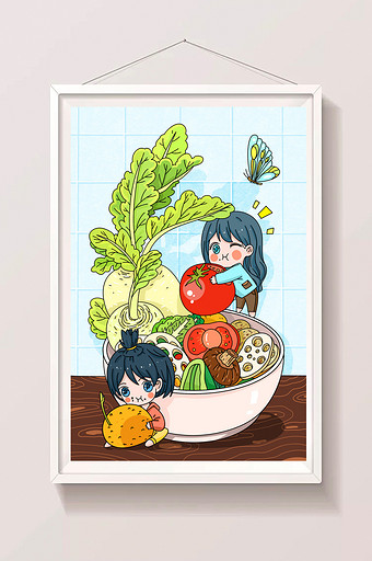 卡通Q版可爱女孩蔬菜水果健康素食日插画图片