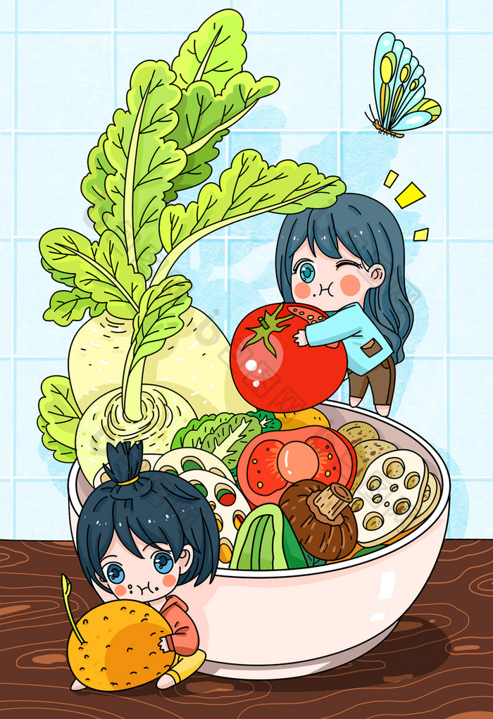 卡通Q版可爱女孩蔬菜水果健康素食日插画