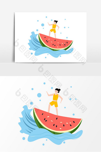手绘小暑站在西瓜船上冲浪的女孩元素图片