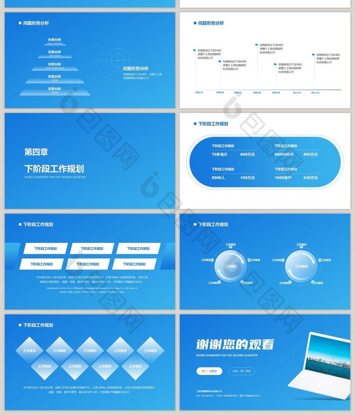蓝色简约高端季度工作总结ppt模板