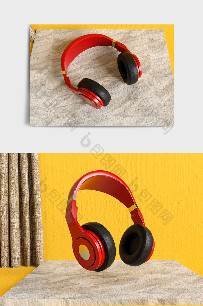 红色简约蓝牙头戴式运动耳机模型