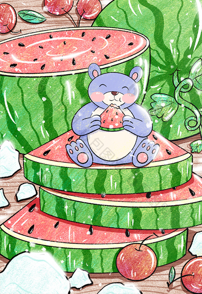 夏至小熊吃西瓜手绘插画