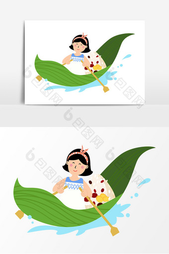手绘端午节女孩带着粽子在树叶船上划船元素图片