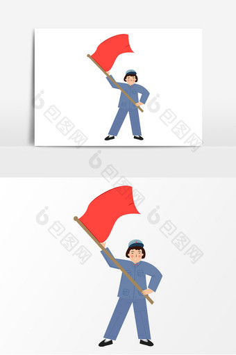 手绘建党节拿着红旗的女八路军元素设计图片