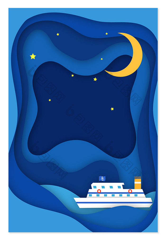 大海浪上的船扁平卡通蓝色剪纸风背景
