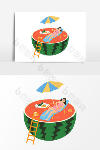 小暑在西瓜里面打伞乘凉的女孩元素设计图片