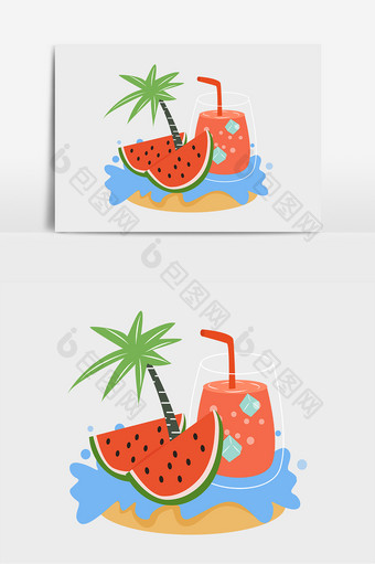 手绘小暑夏天西瓜冷饮椰树元素设计图片