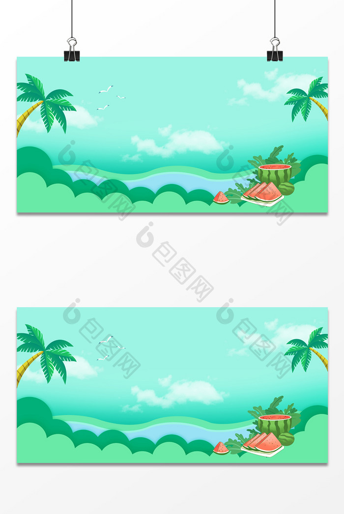 小清新夏季椰树西瓜绿色展板背景图
