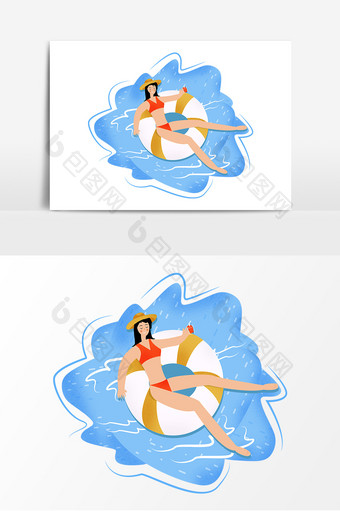手绘小暑女孩泡在水中乘凉元素设计图片