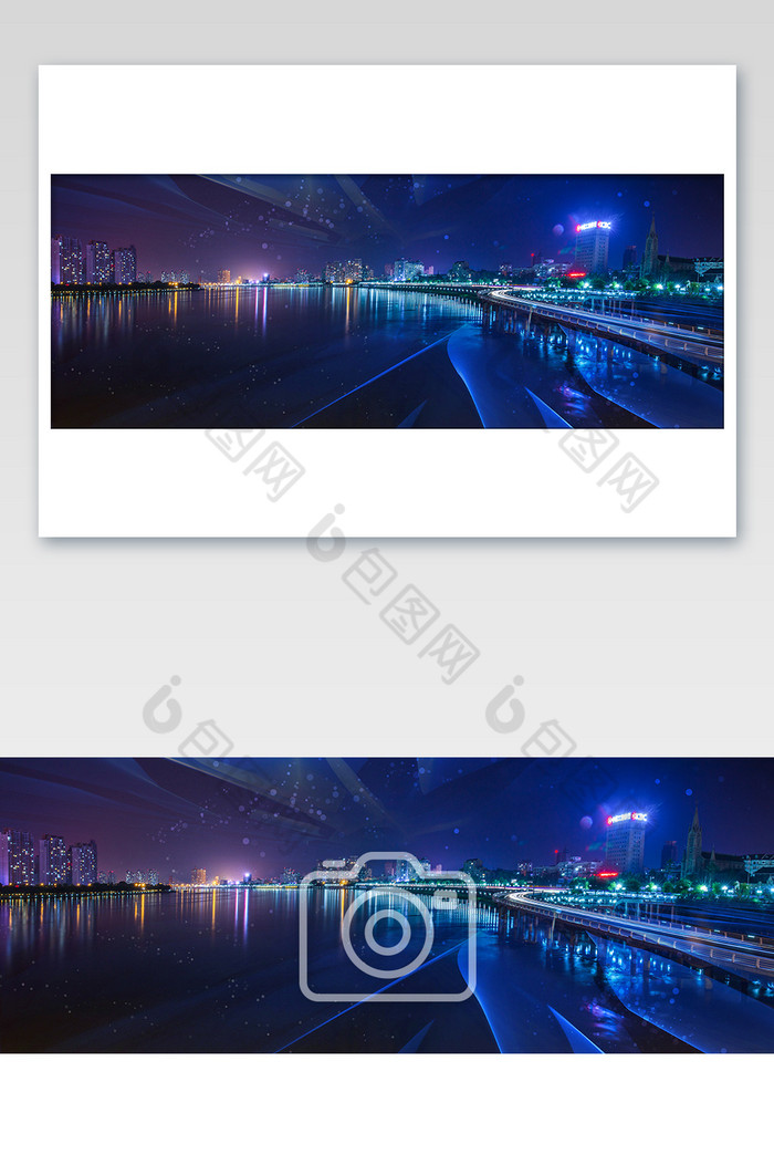 蓝色大气科技发光江边城市夜景图片图片