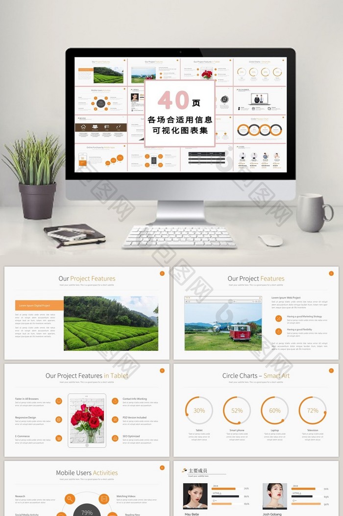 商务橙色图片40页PPT模板