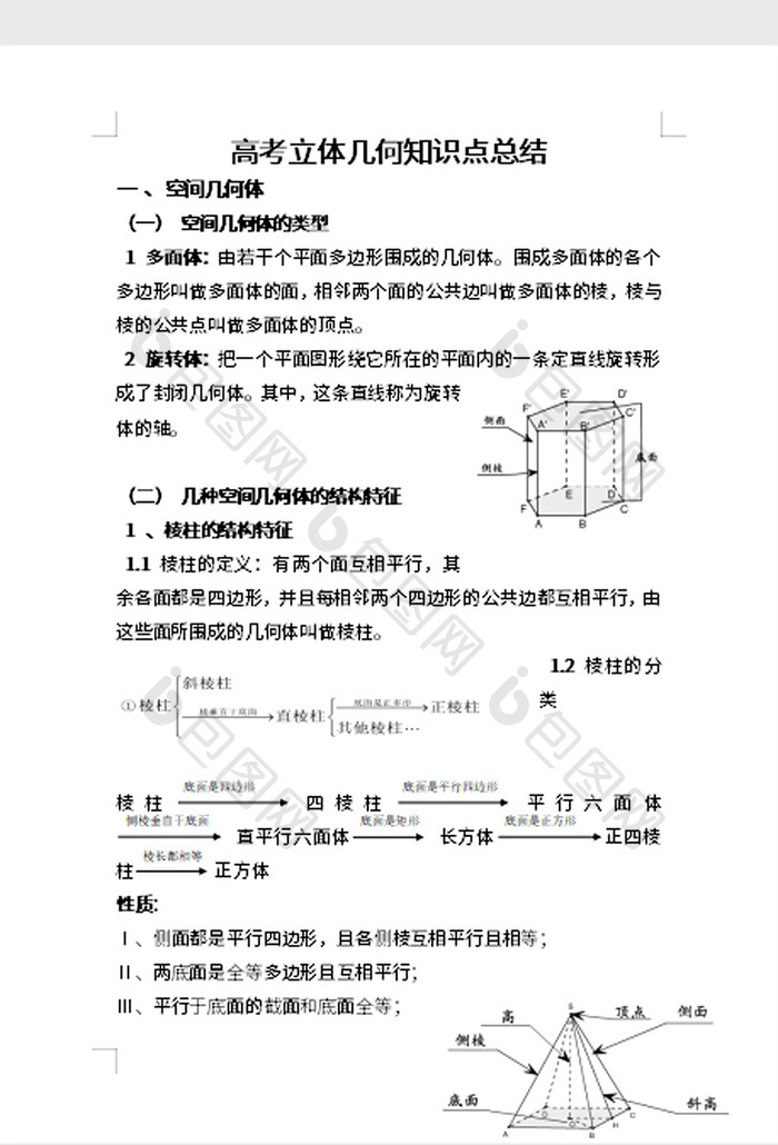 高考立体几何知识点总结word模板