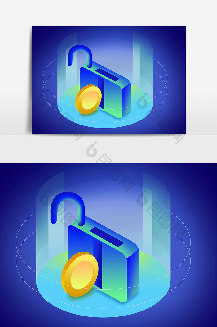 元素设计金融2.5d金币开锁保险