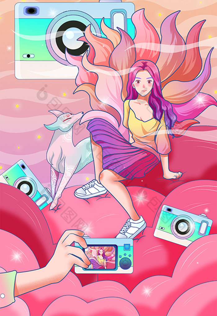 小清新时尚卡通少女数码产品购物插画