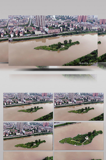 1080P航拍洪水中的孤岛图片