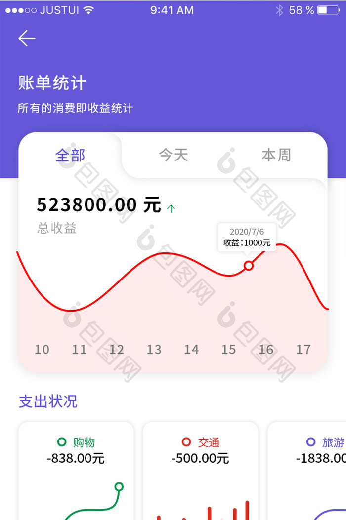 蓝紫色账单消费统计APP界面
