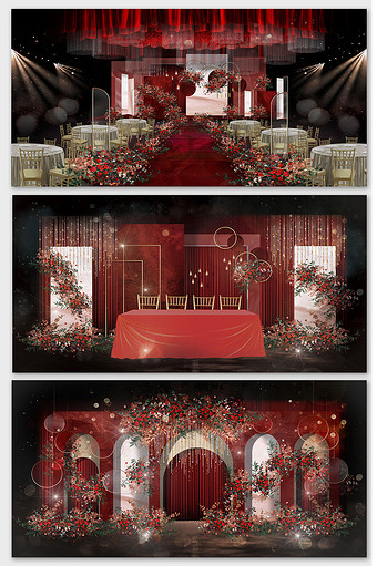 红色小雏菊现代简约婚礼效果图图片