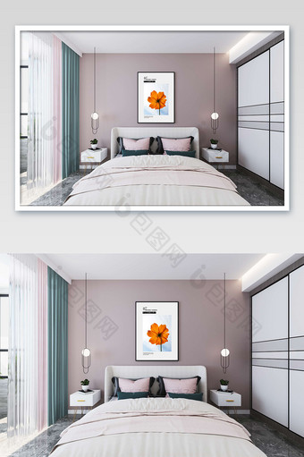 清新北欧卧室床头背景墙样机设计图片
