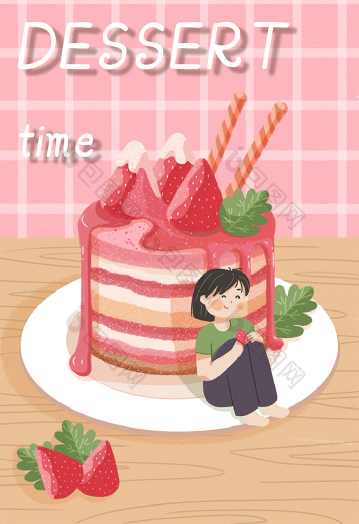 草莓蛋糕烘焙甜品女孩插画图片
