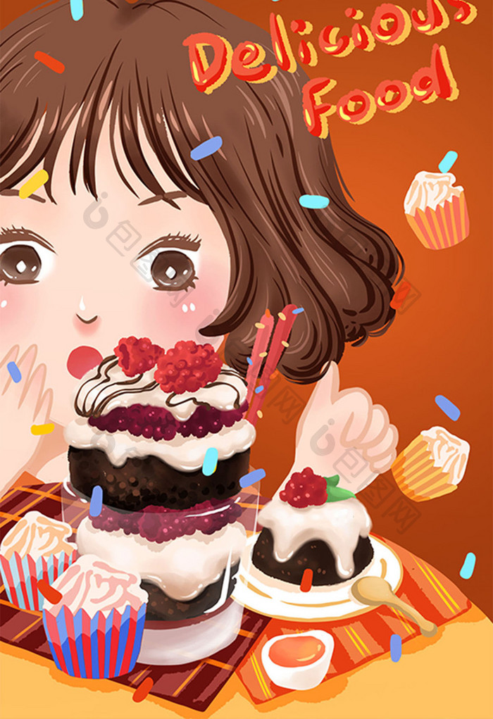 红色卡通可爱清新美食蛋糕甜点女孩海报插画