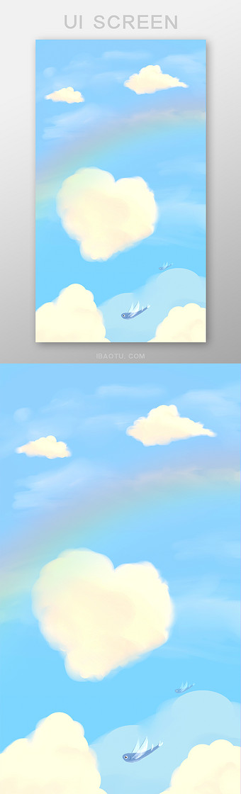 动漫手绘天空云朵飞鱼彩虹手机壁纸