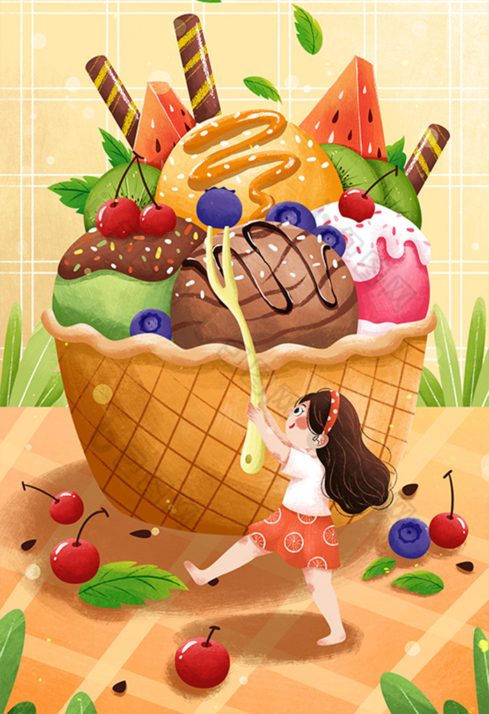 美味水果冰激凌插画