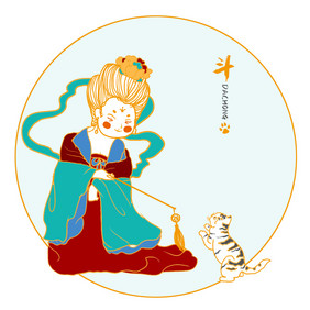 红色中国风古代仕女斗猫GIF小动画