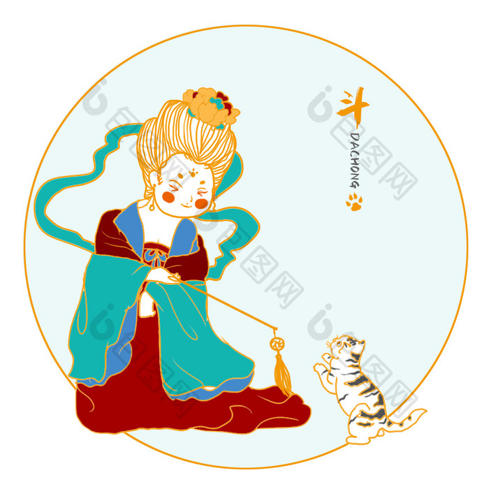 红色中国风古代仕女斗猫GIF小动画