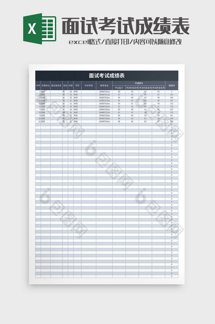 面试考试成绩表excel模板