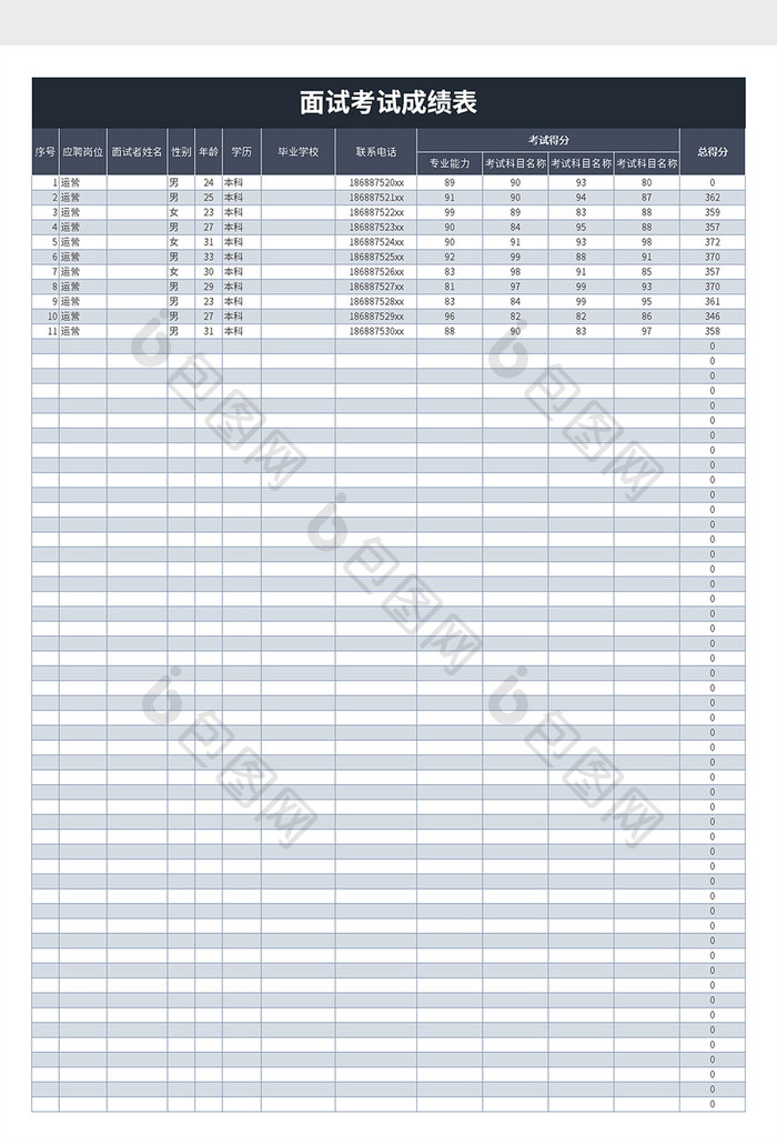 面试考试成绩表excel模板