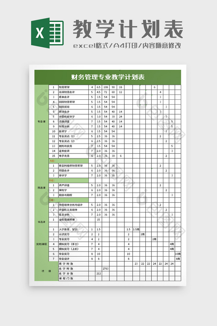 财务管理专业教学计划表excel模板