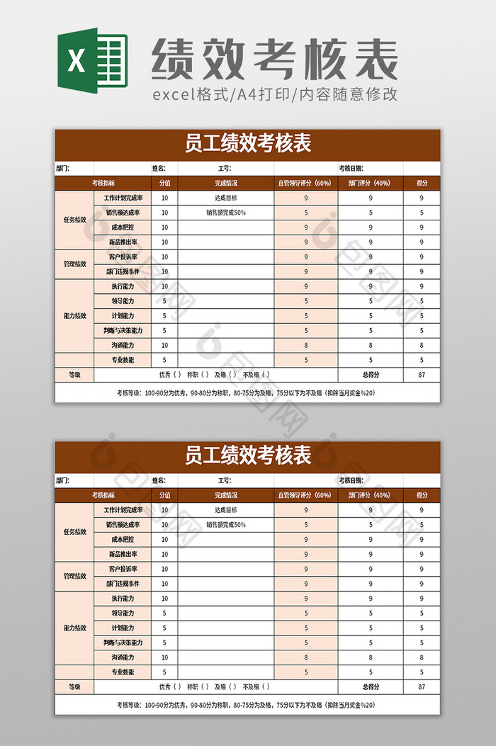 简洁员工绩效考核表excel模板