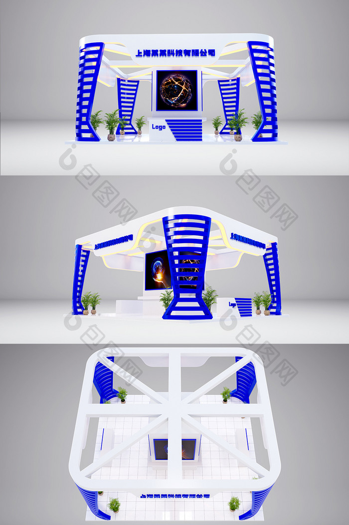 四面开口科技类公司商场展位设计工装效果图