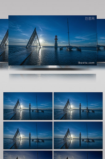 蓝色浪漫灯塔与帆船日落延时摄影高清4k图片