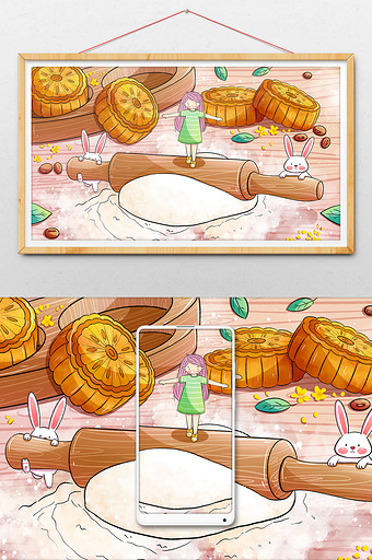 中秋节女孩与兔子一起做月饼插画图片