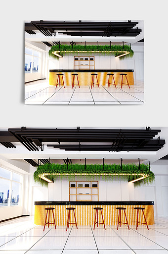 办公场景绿植加木纹吧台设计工装效果图图片