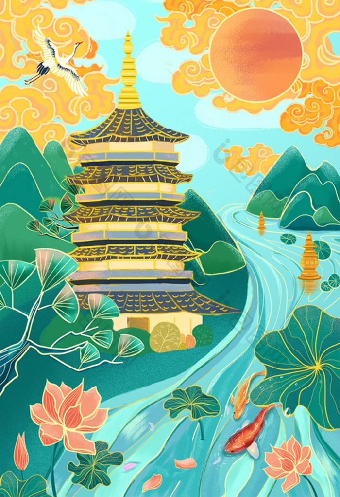 插画杭州城市雷峰塔湖中石塔图片