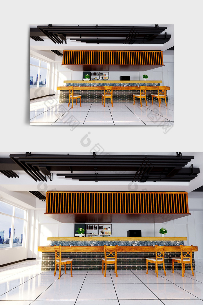 双层砖木混合办公室吧台设计工装效果图