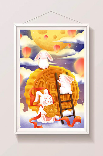 中秋节兔子吃月饼看月亮插画图片