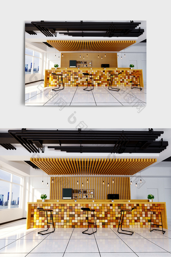 大理石混合砖块纹理吧台设计工装效果图图片图片