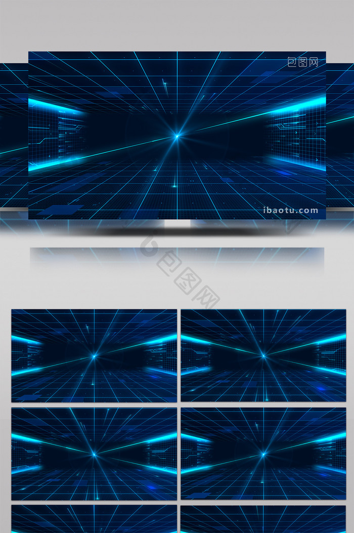 震撼蓝色3d空间网格粒子光线穿梭背景视频