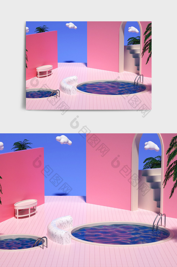 粉色系泳池造型电商首页海报C4D场景图片图片
