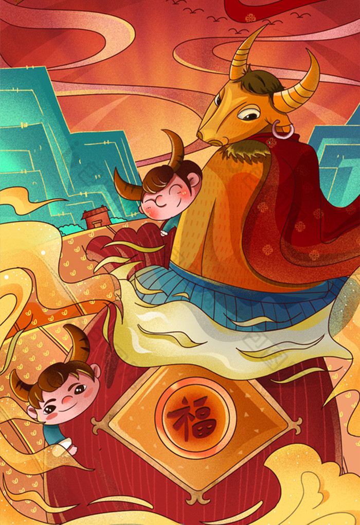 中国风牛年孩子们和牛玩耍插画图片