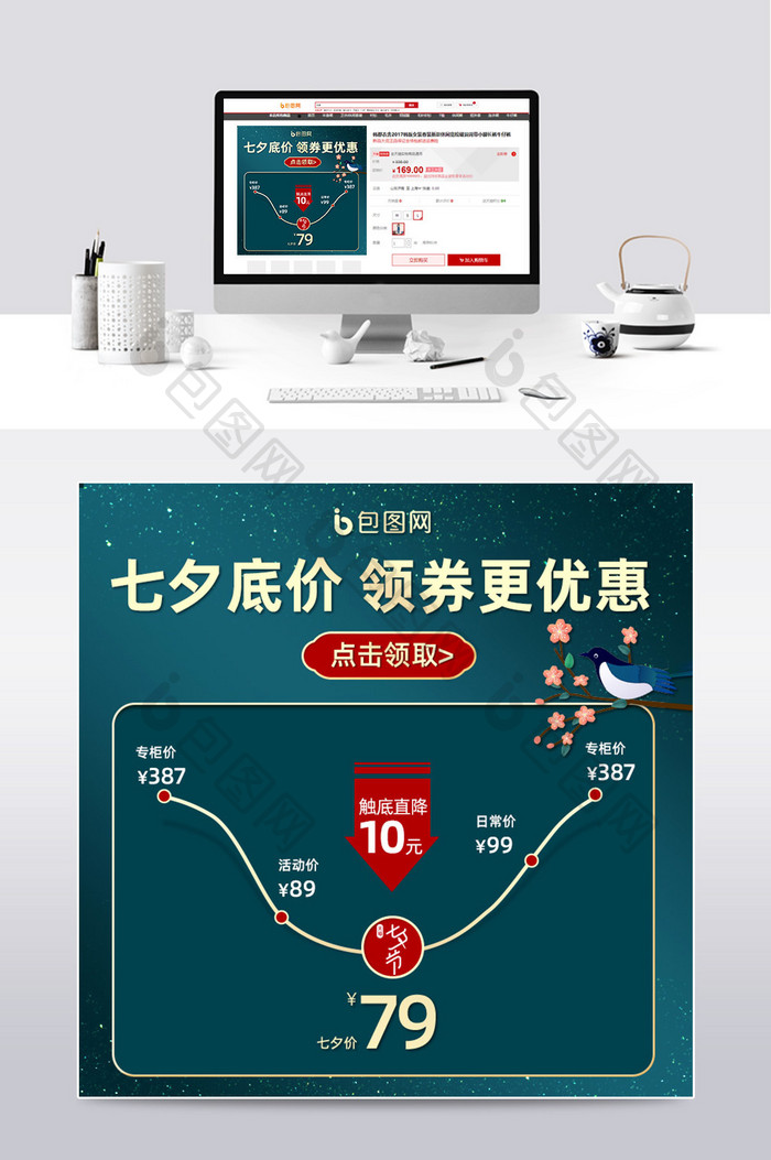 七夕中国风国潮绿色价格曲线主图模板