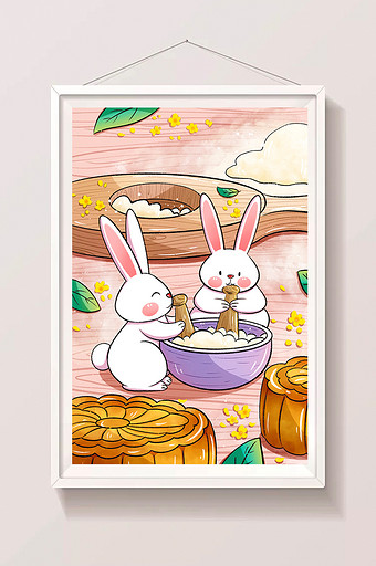 中秋节兔子做月饼手绘插画图片