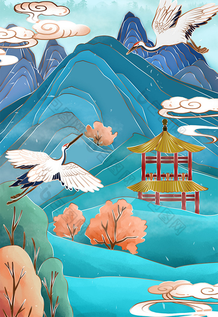 中国风复古清新中国山水插画